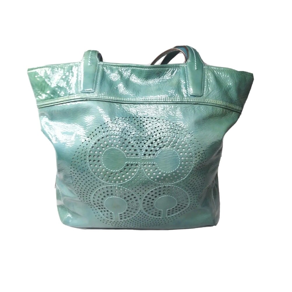 Coach Audrey Patent Leather Slim Tote Bag #17029 Green Large Retail $359 - Picture 3 of 11
